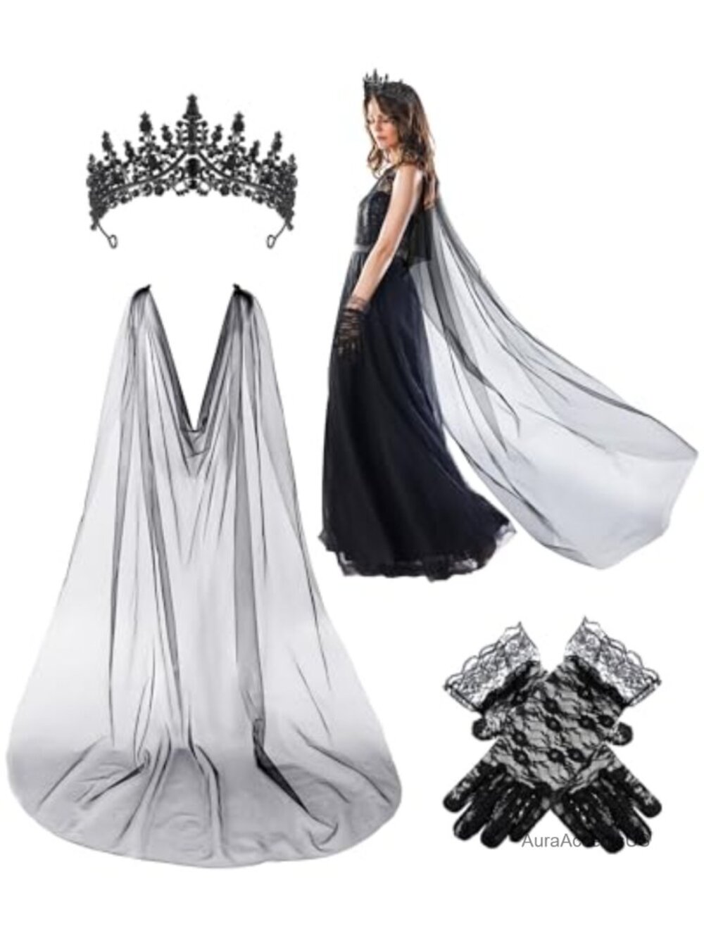 Gothic Wedding Accessories Set Velvet Cape Crystal Crown Lace Gloves Halloween